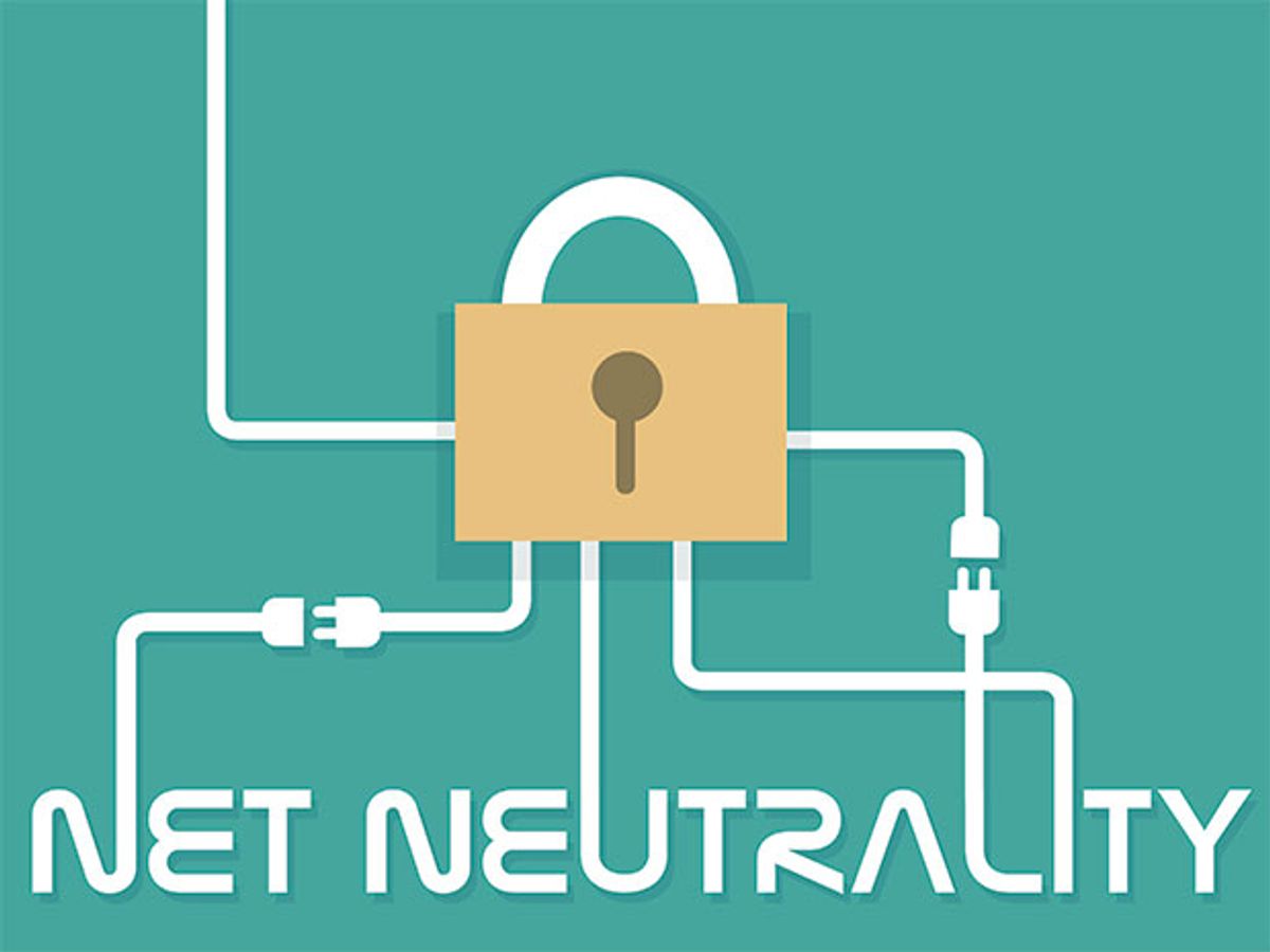 An illustration of a key lock surrounded by electrical cords to represent net neutrality.