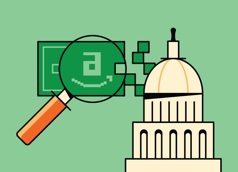 An illustration of a magnifying glass looking at a green bar with an Amazon logo.  