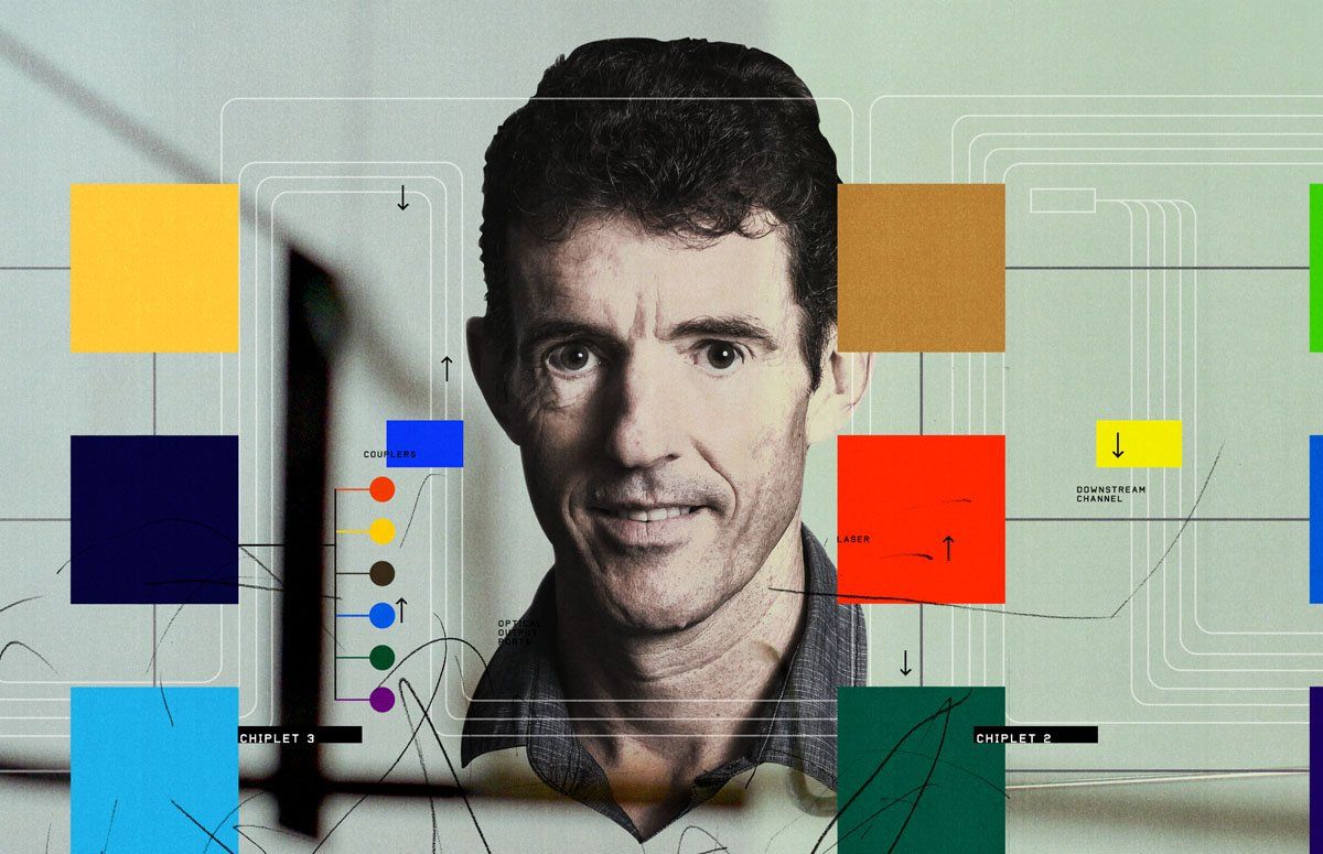 An illustration of a man and surrounded by colored squares.  