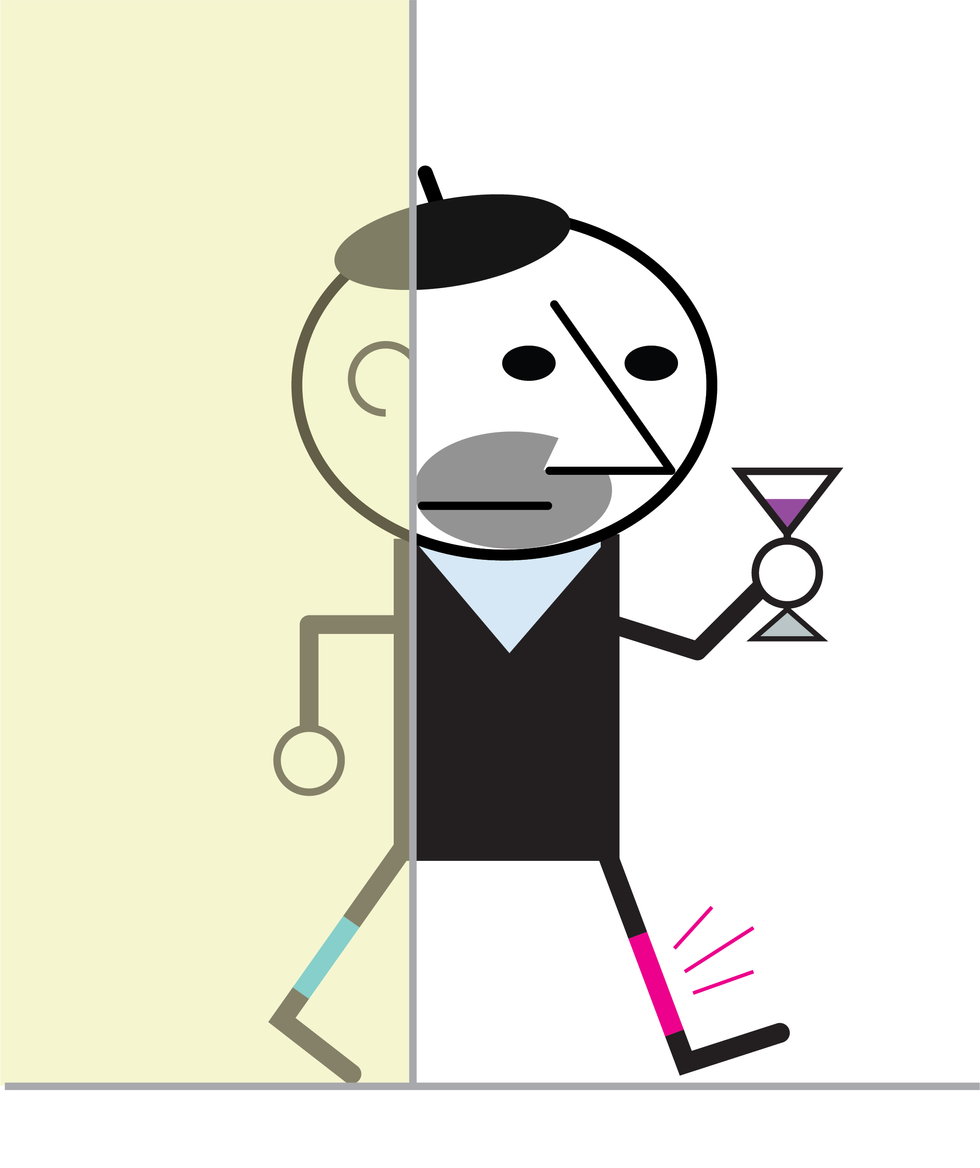 An illustration of a man holding a drink and wearing a blue and pink sock.  