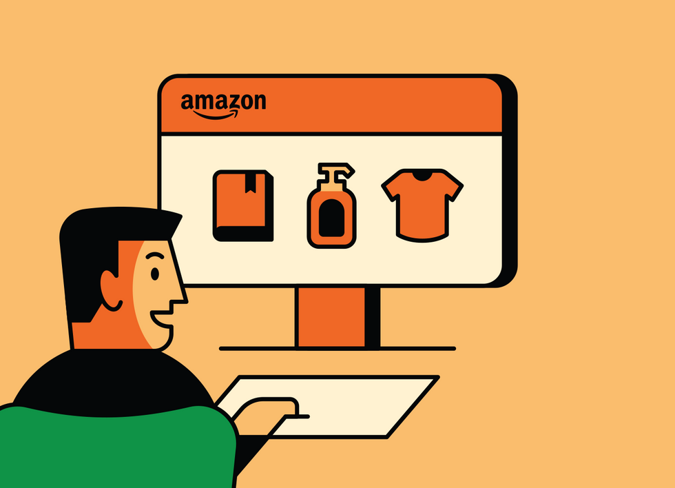An illustration of a man in front of a computer with an Amazon logo in the corner of the screen.