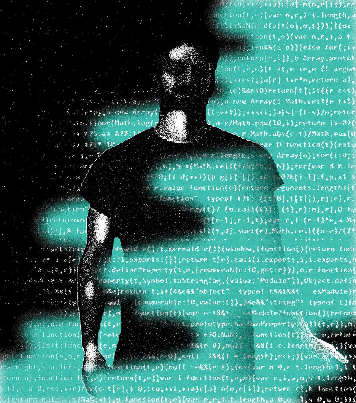 An illustration of a man with code overlaying the image.  