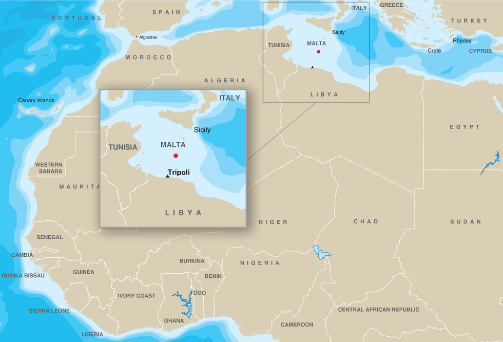 An illustration of a map of Africa with a magnified section showing the Mediterranean between Malta and Libya.