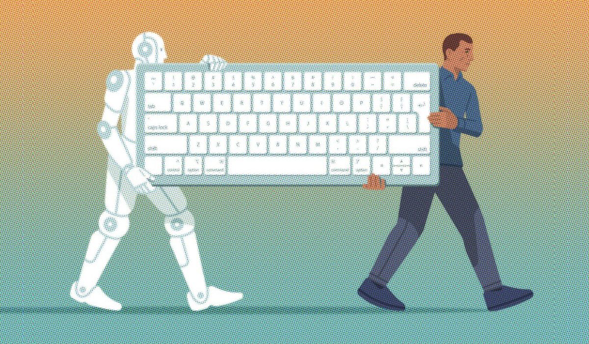 An illustration of a person and a robot carrying an oversized keyboard together.