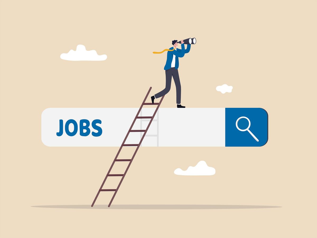 An illustration of a person standing on top of a search engine query box with the word "jobs" in it.