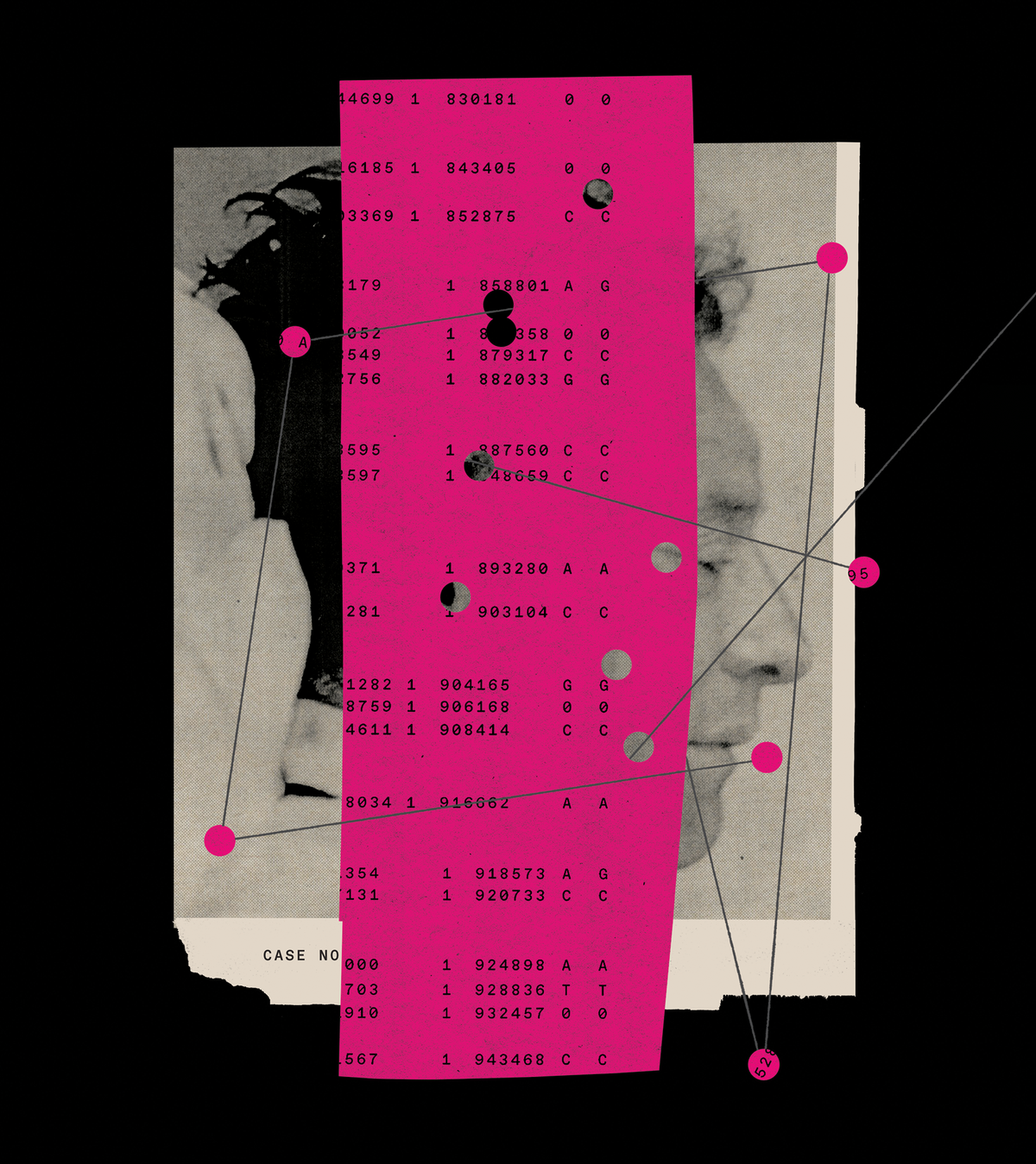 An illustration of a pink sheet of data over a man's head.  