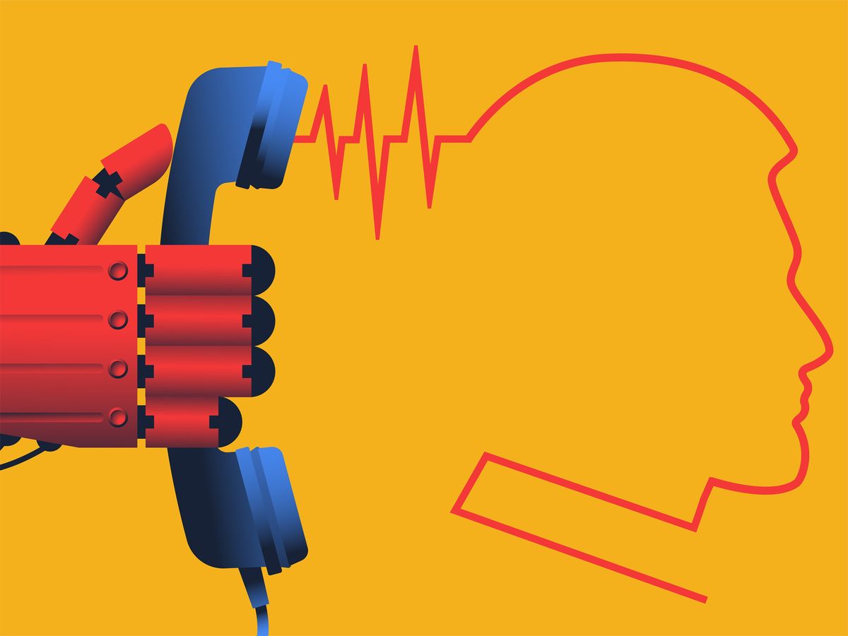 An illustration of a red robot hand holding a blue phone with a line emanating from it in the shape of a face