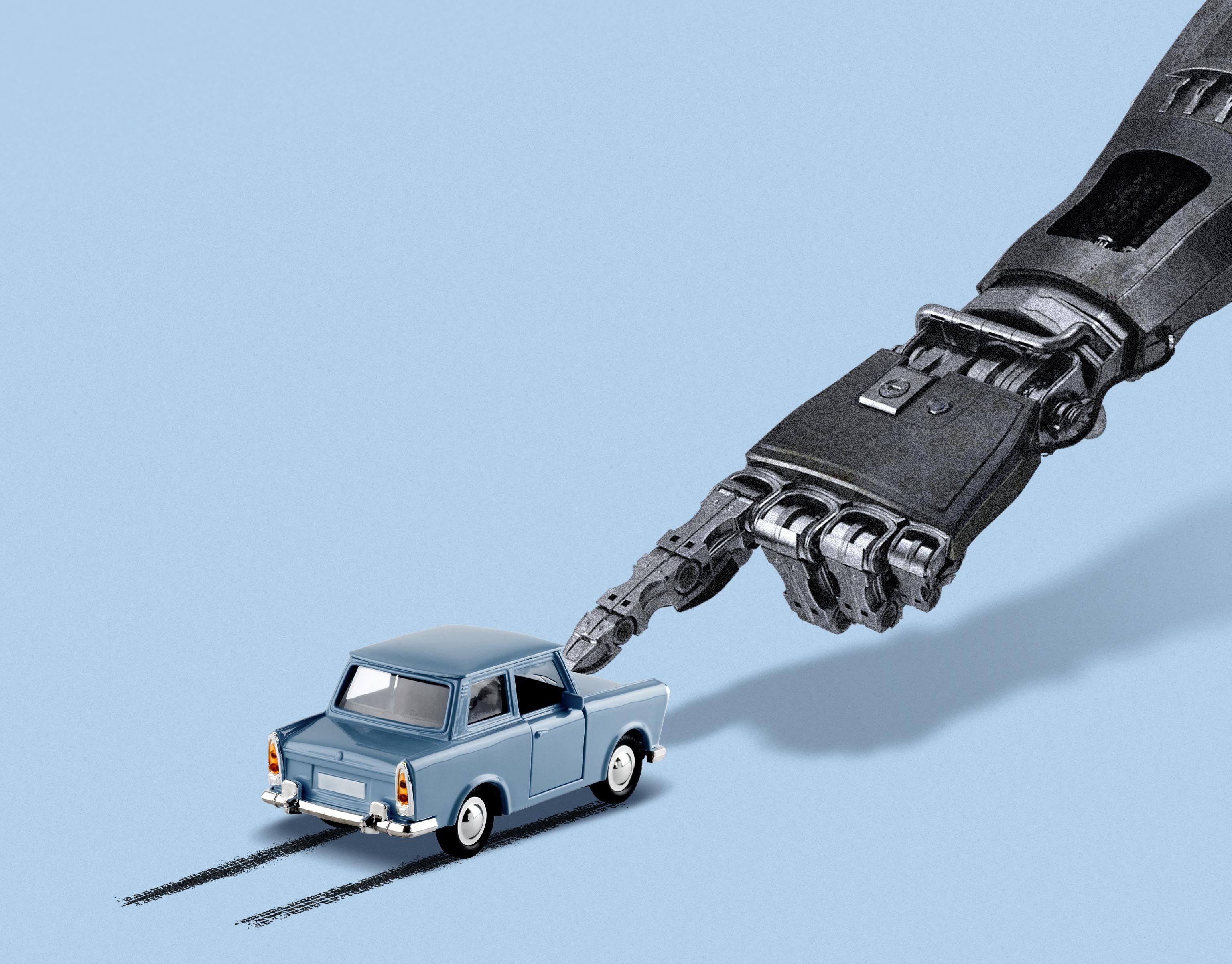 An illustration of a robotic hand pointing and a car with skid marks behind the back wheels.