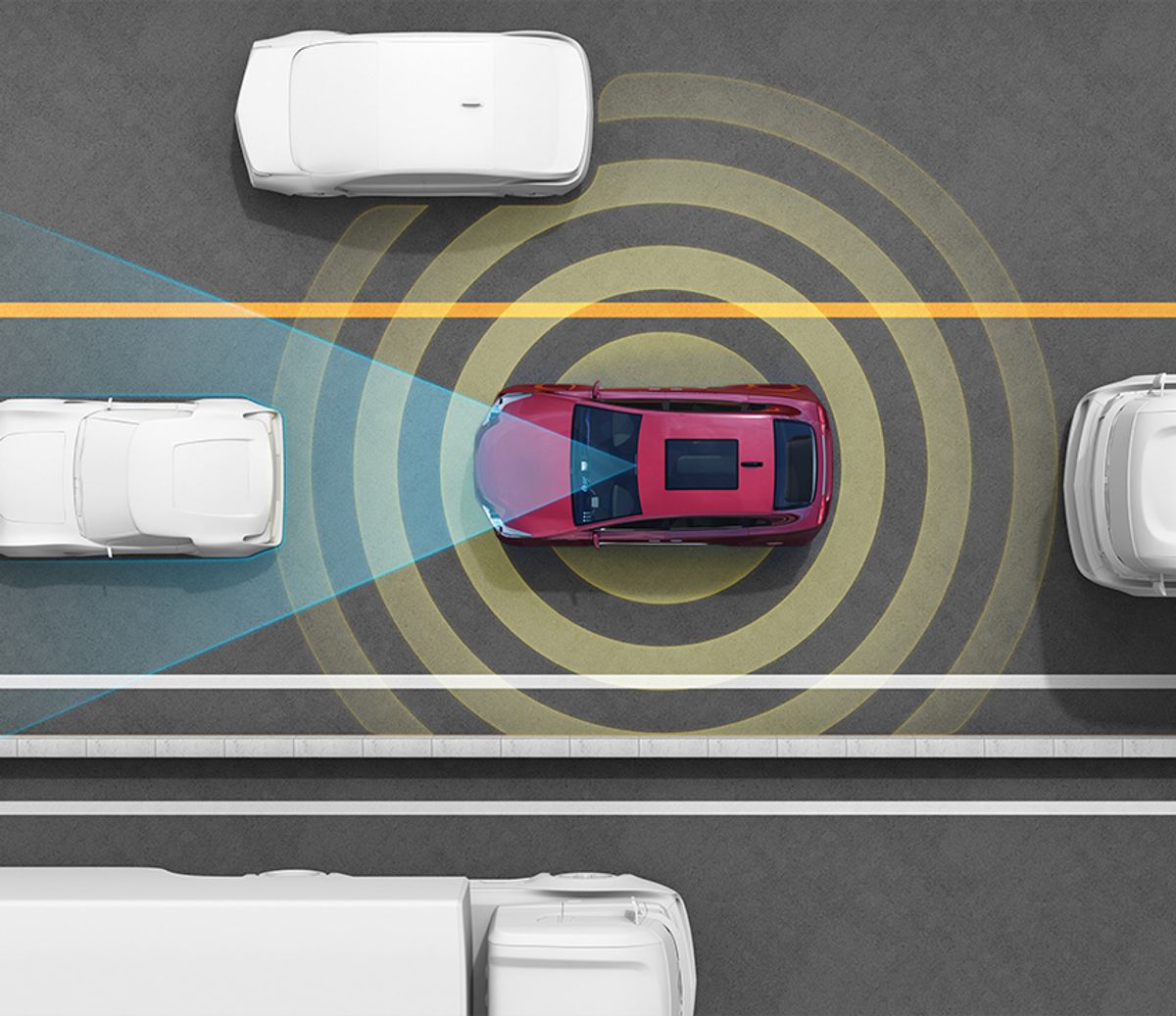An illustration of a self-driving car with a sensor on top that is determining the location and distance of objects around the car.