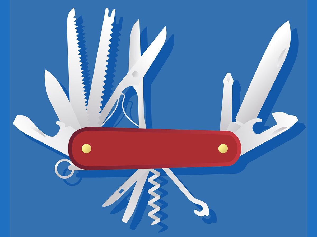 An illustration of a Swiss army knife against a blue backdrop.