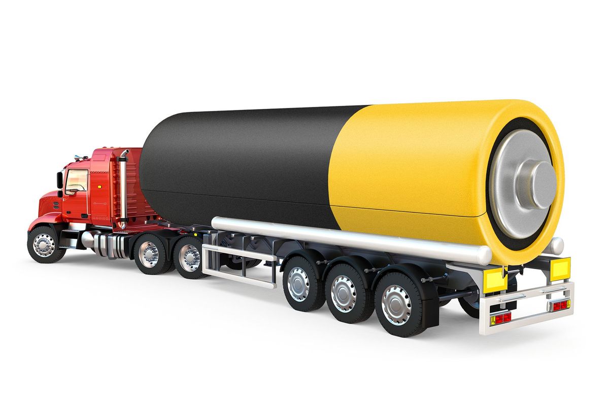 An illustration of a tanker truck where the tanker is a AA battery.