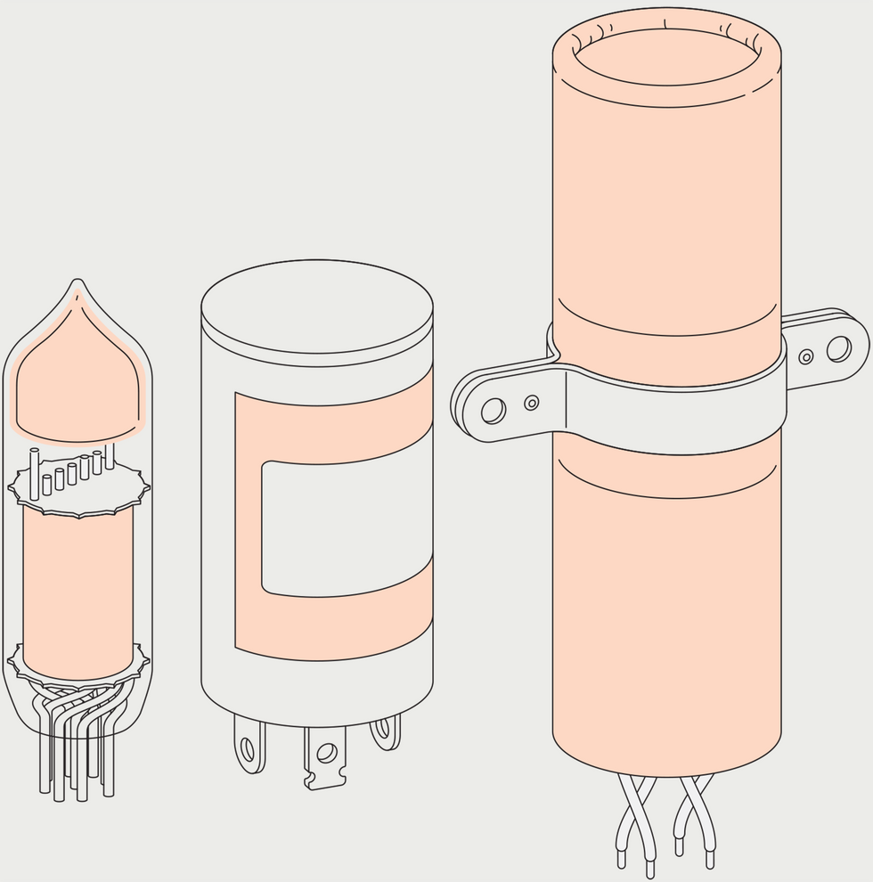 An illustration of a vacuum tube; a squat metal can with electrode tabs; and a long cardboard tube with dangling leads. 