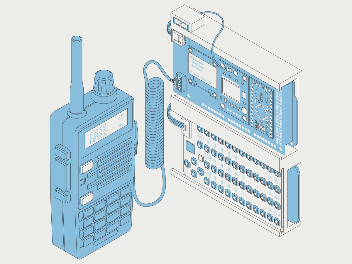 An illustration of a walkie-talkie-style handheld radio connected by a coiled cable to a device in a plastic enclosure that is the same height as the radio. At the bottom of the device is a small keyboard, at the top is a circuit board with a small screen.