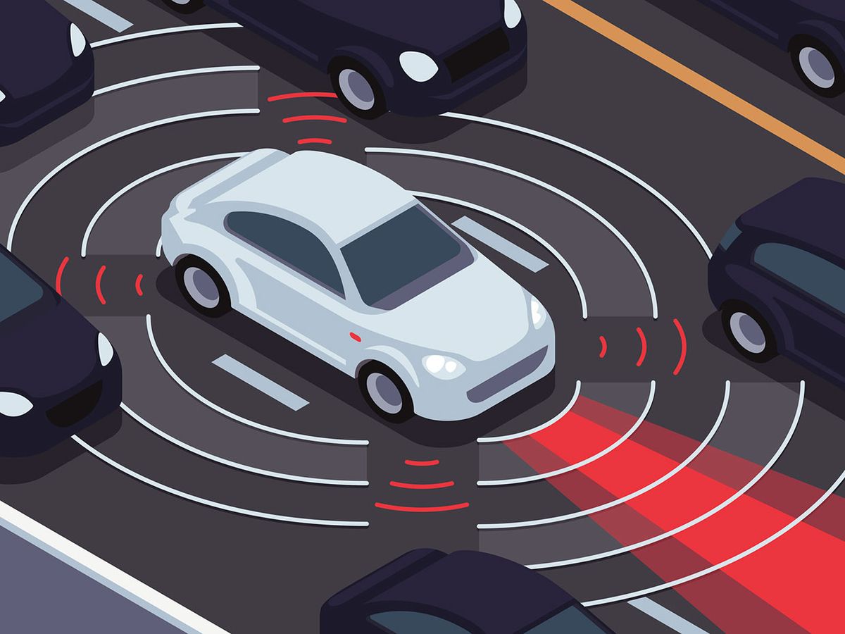 An illustration of a white car surrounded by signals that are directed at other cars.