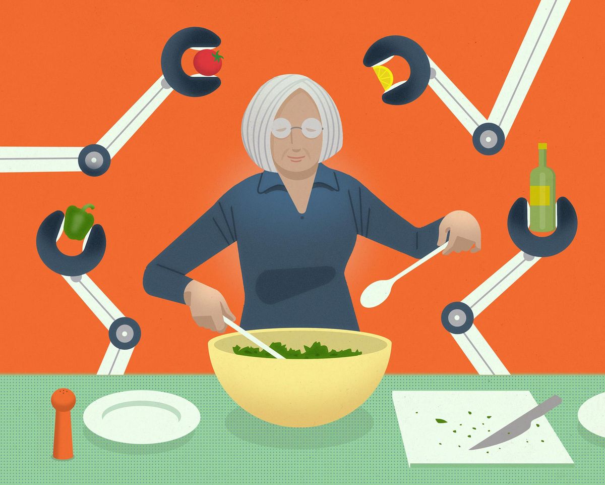 An illustration of a woman making a salad with robotic arms around her holding vegetables and other salad ingredients.