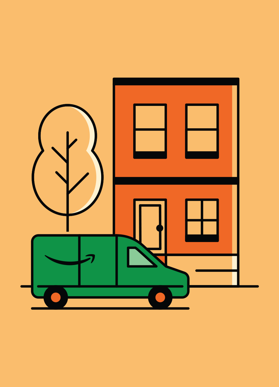 An illustration of an Amazon van in front of a building.