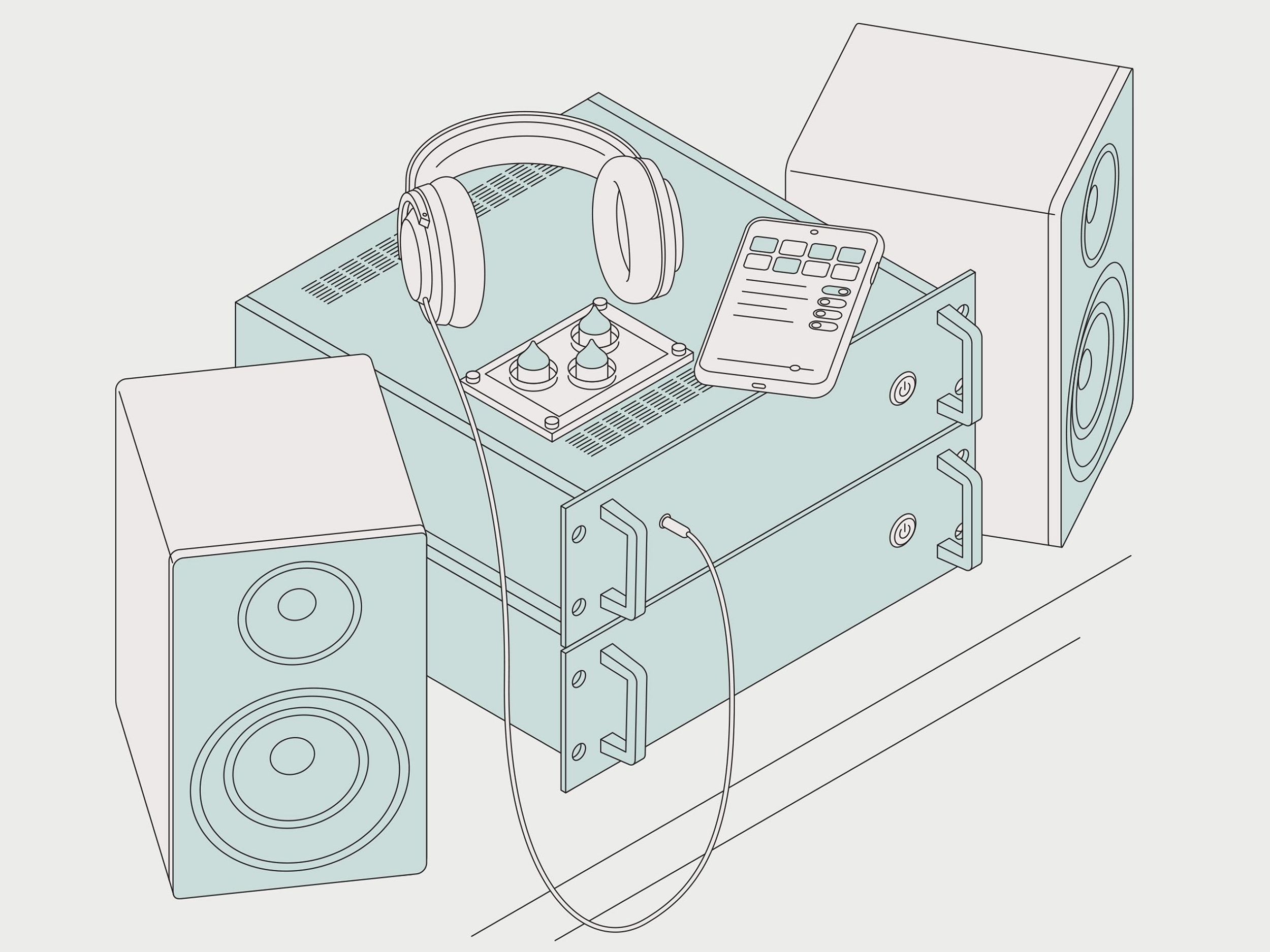 An illustration of an amplifier, speakers and a pair of headphones