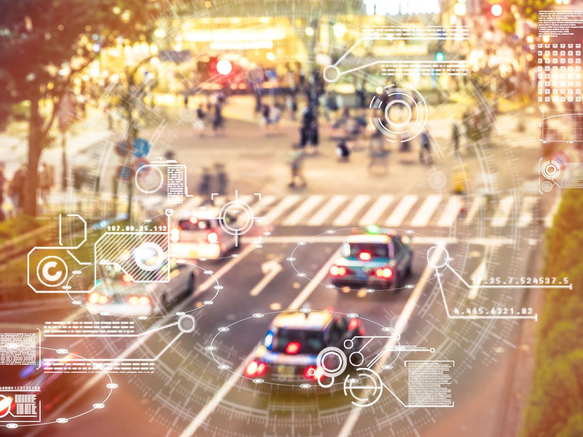 An illustration of an artificial intelligence screen with defocused cars in background