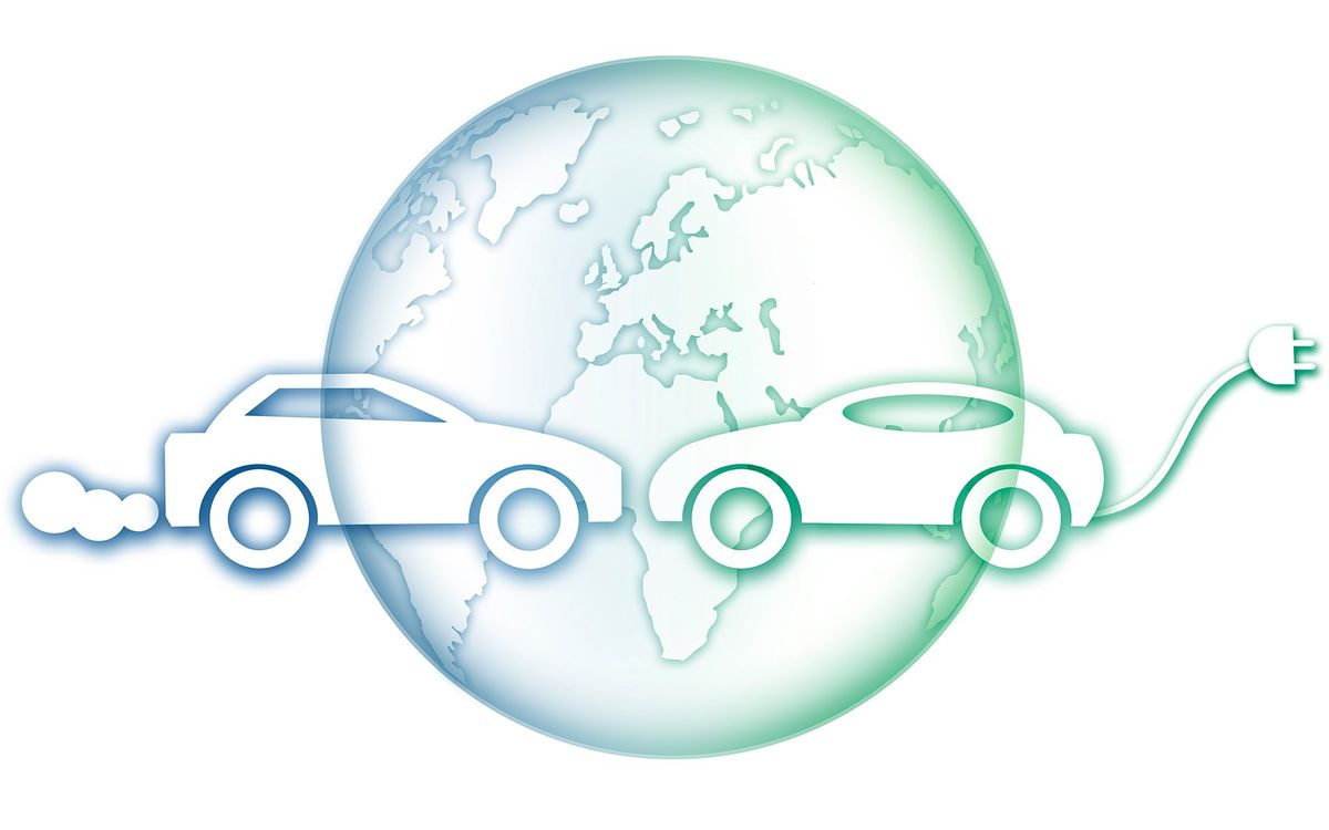 An illustration of an electric car and a gas car against a globe.
