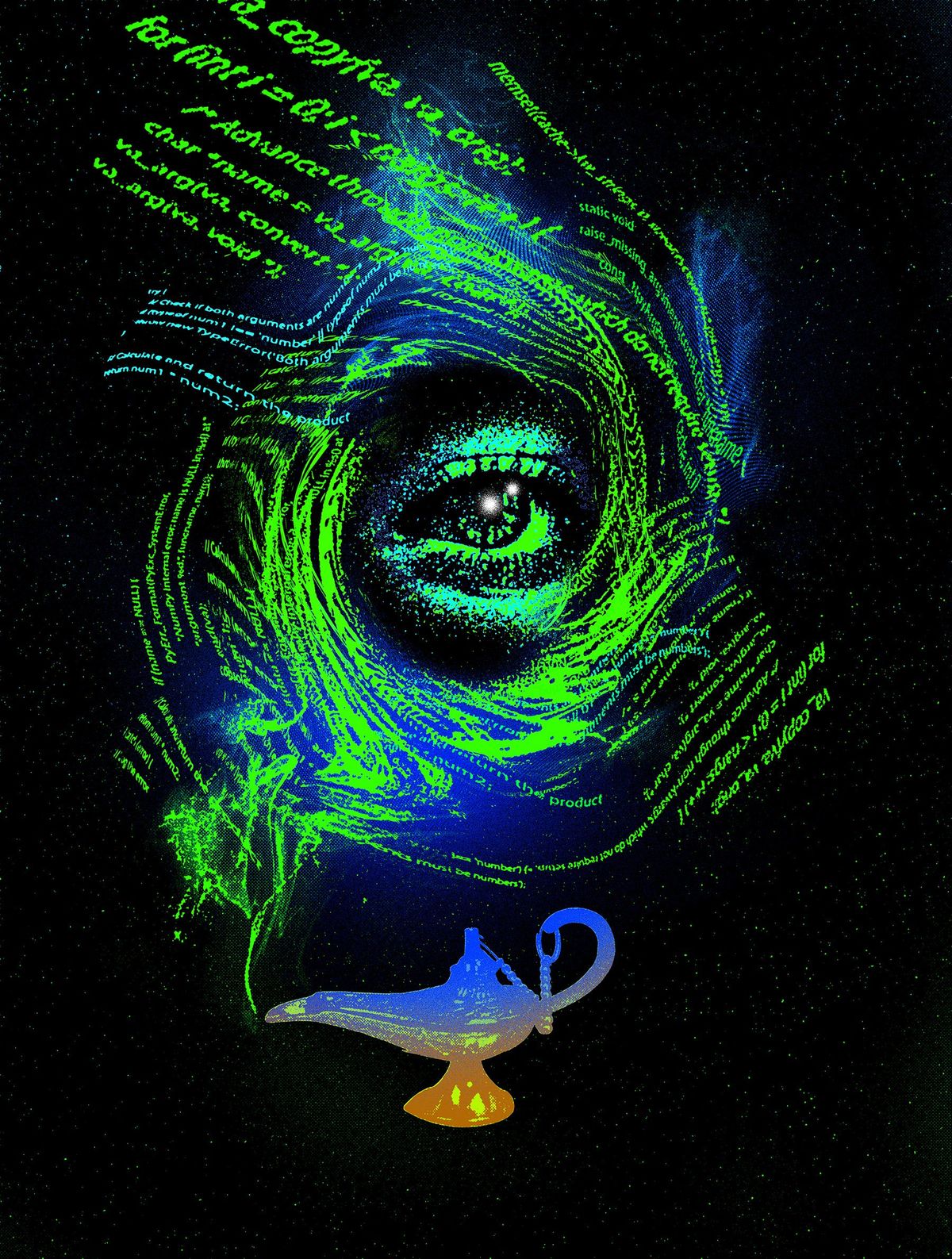 An illustration of an eye surrounded by code with a genie's lamp below it.  