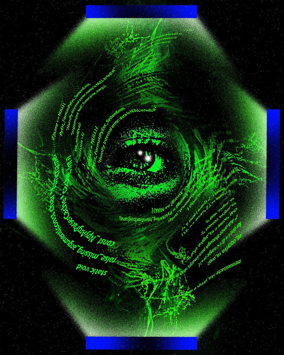 An illustration of an eye surrounded by code.