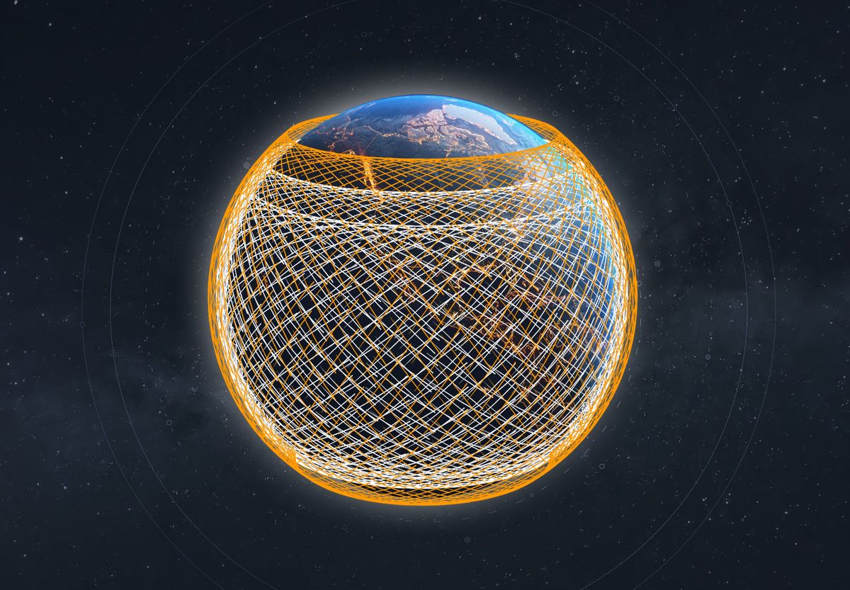 An illustration of Earth surrounded by an orange and white glowing mesh of connections.