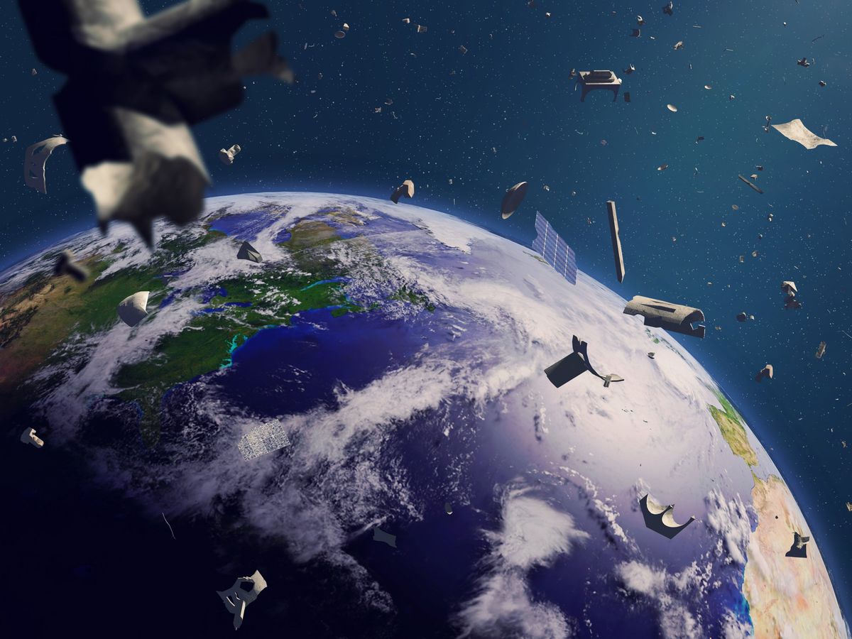 An illustration of floating space debris around Earth.