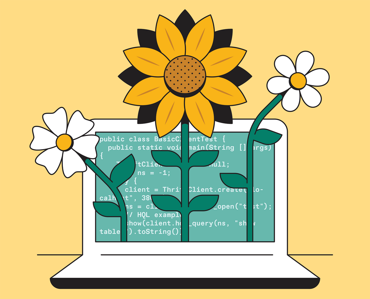 An illustration of laptop with flowers coming out of the screen.  