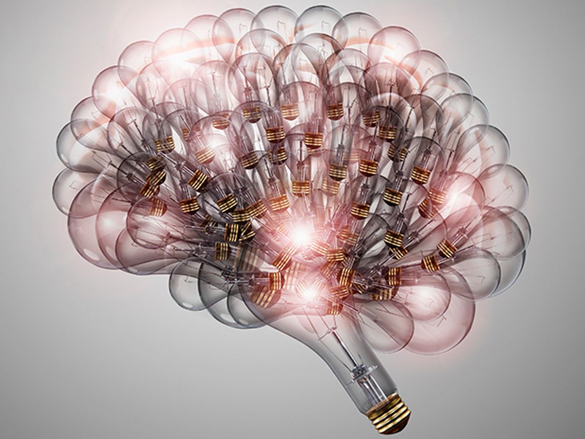 An illustration of light bulbs piled in the shape of a human brain. 