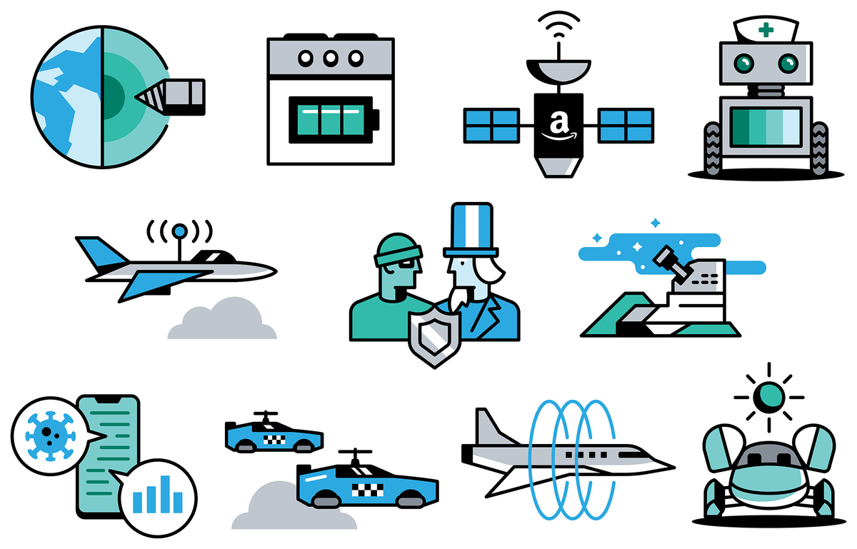 An illustration of multiple icons including a robot and a satellite 