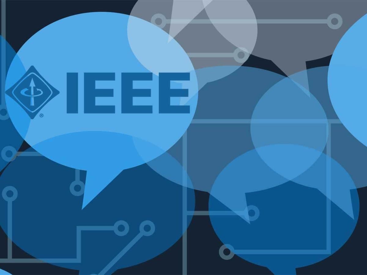 An illustration of overlapping blue word bubbles with IEEE on one.  