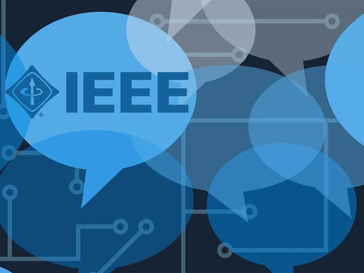 An illustration of overlapping blue word bubbles with IEEE on one.  