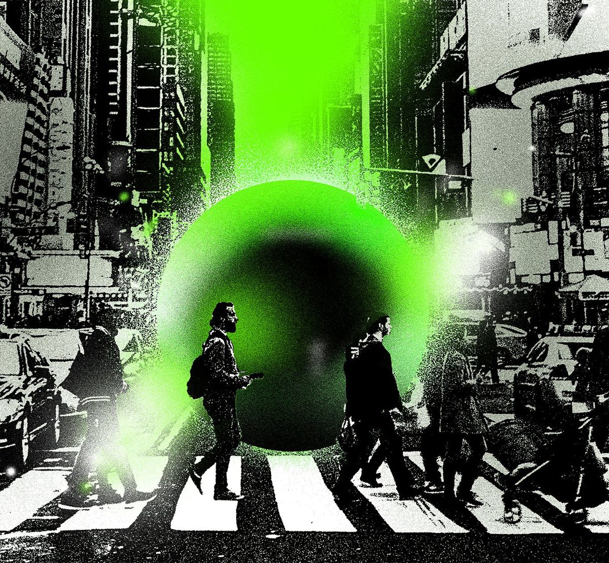 An illustration of people walking in a city with a large green globe behind them.  