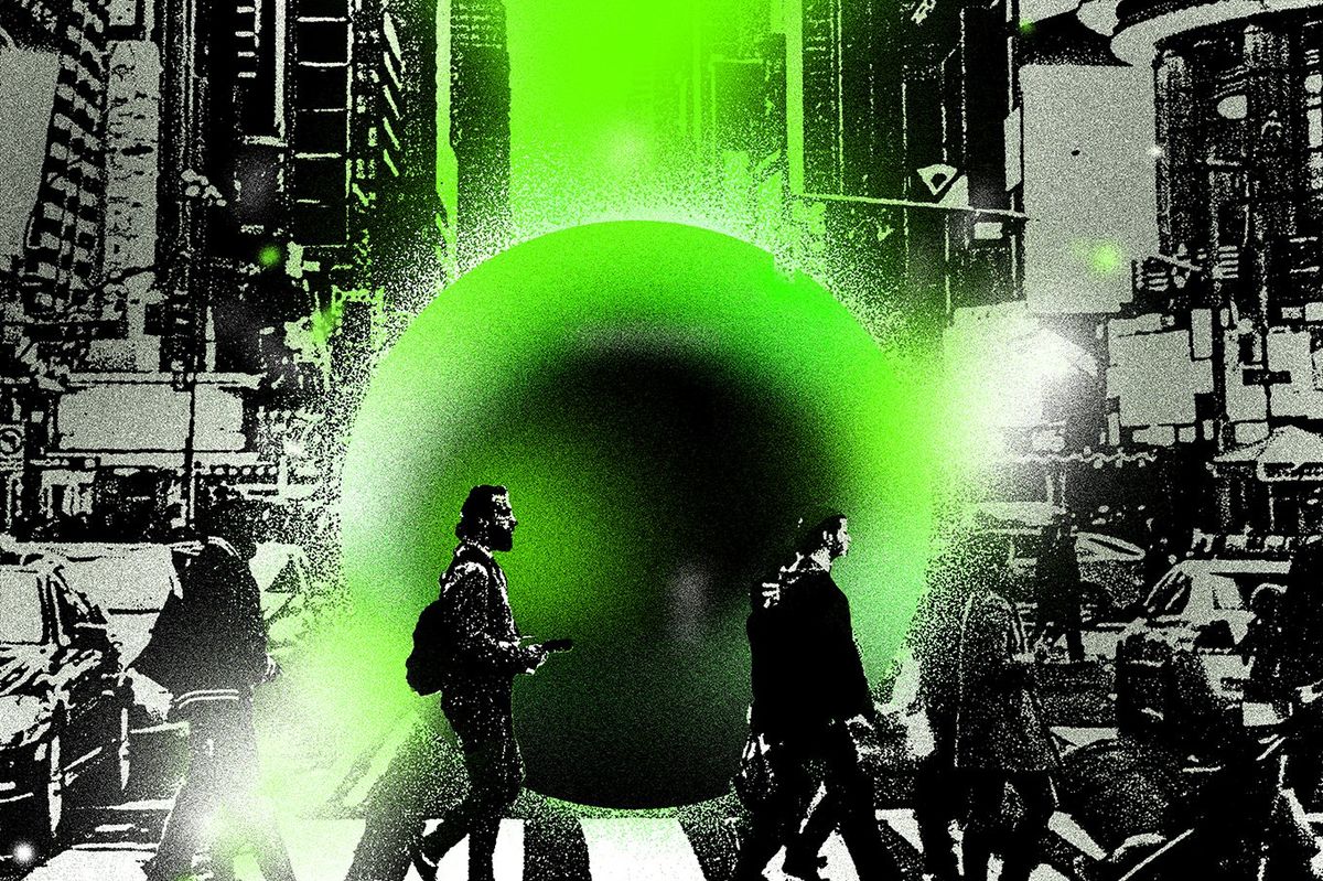 an illustration of people walking in a city with a large green globe behind them