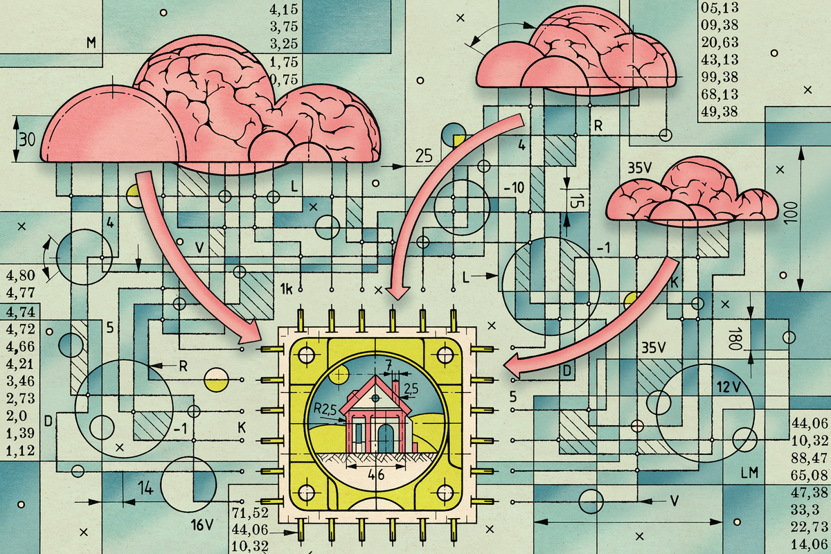 An illustration of pink brain clouds pointing at a house.  