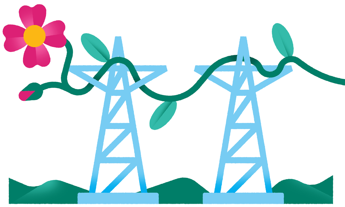An illustration of power line towers with a flower going through them.