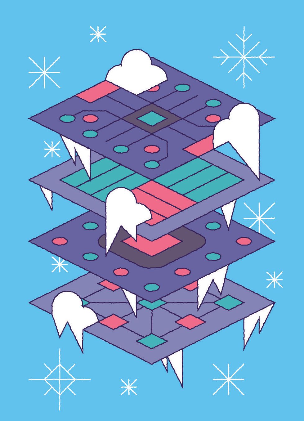 An illustration of purple stacked squares with snow on it.  