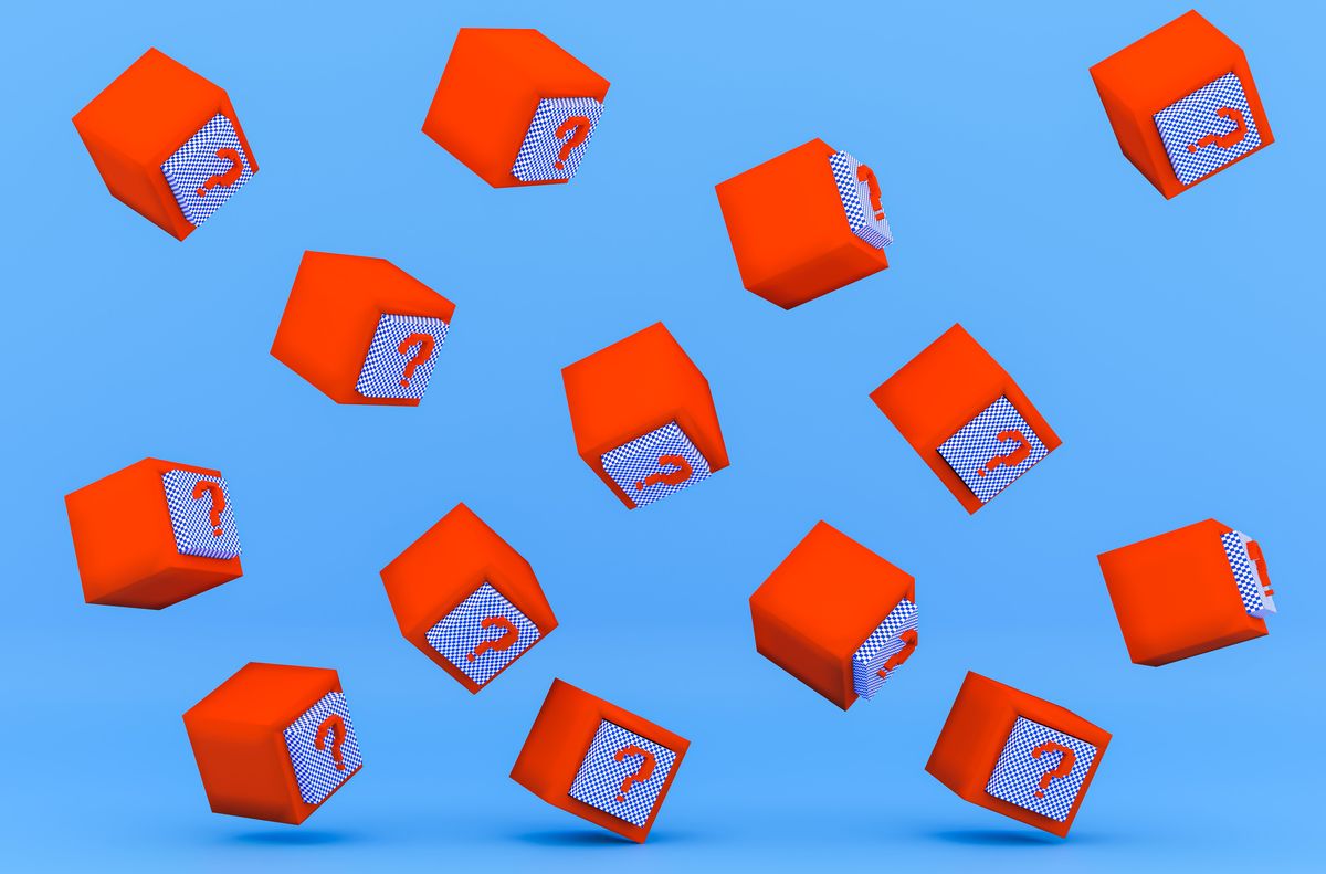 An illustration of red boxes with question marks on one face tumbling in front of a blue backdrop.