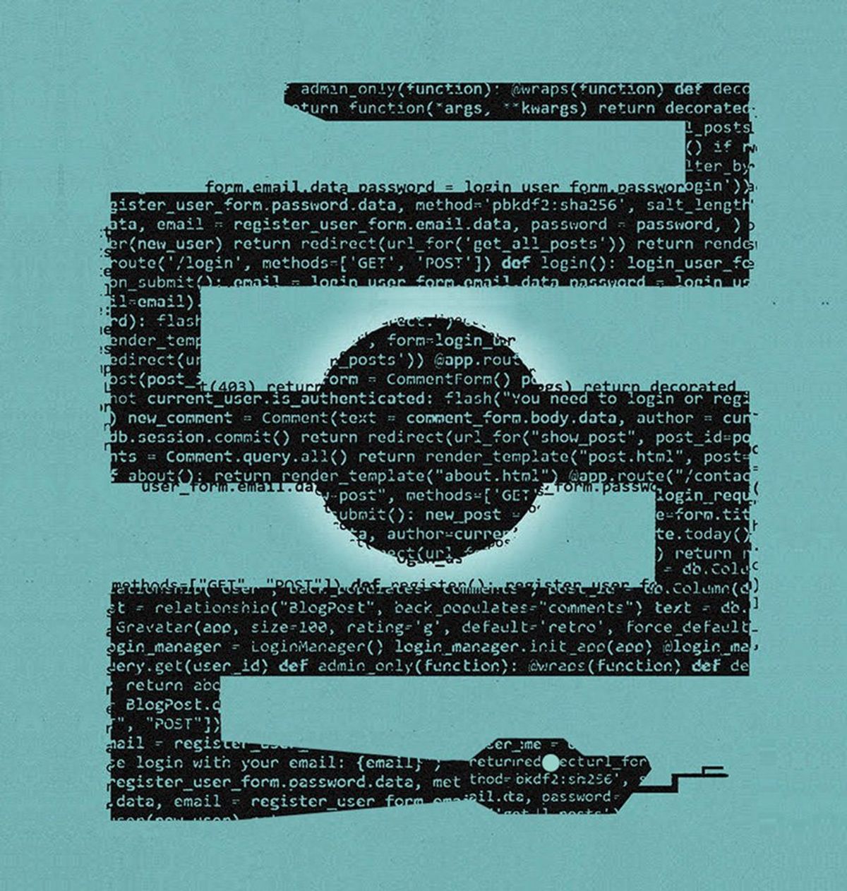 An illustration of snake made of code.  
