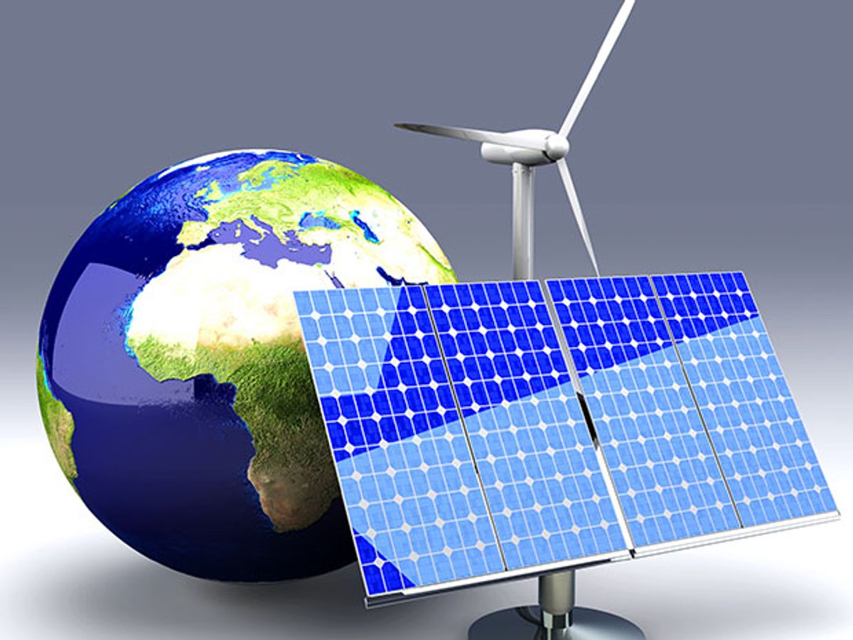 An illustration of the African continent with a solar PV and a wind turbine.