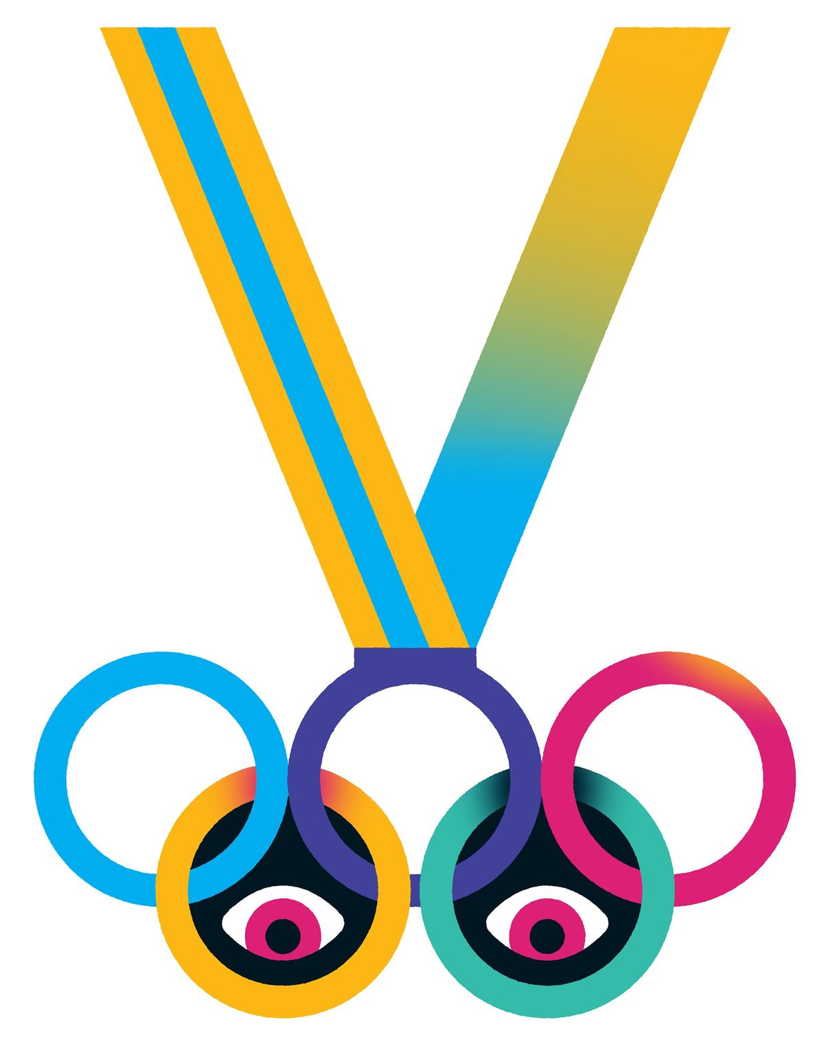 An illustration of the olympics rings with eyes in the bottom two rings.  