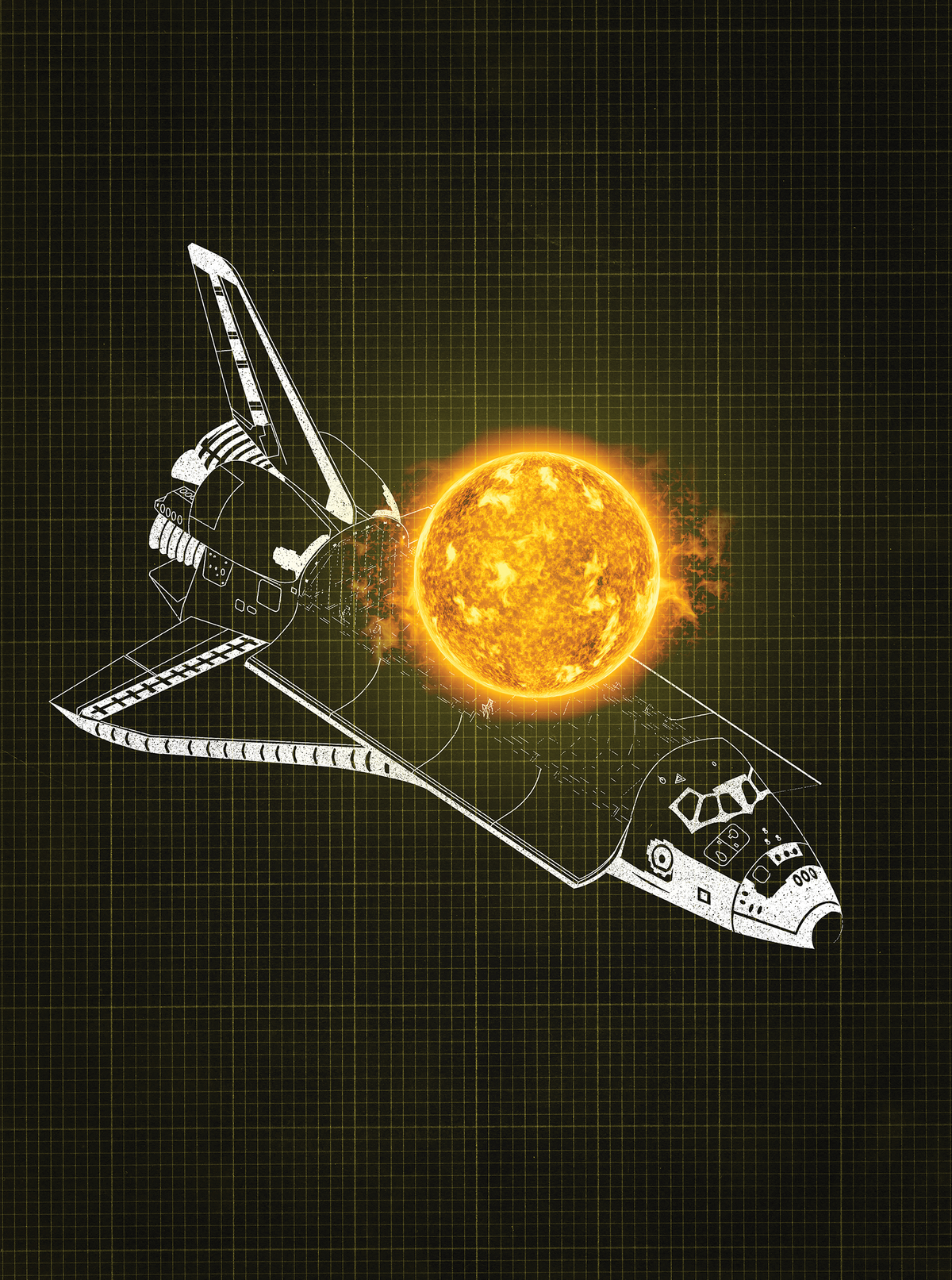 An illustration of the shuttle with payload doors open and a Sun hovering over it.  