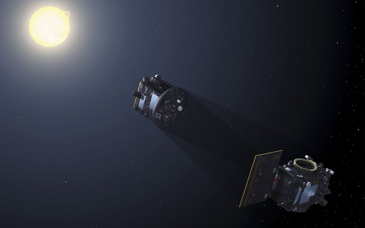 An illustration of the sun and two satellites, one of which is aligned to be blocking the sun from hitting the other.