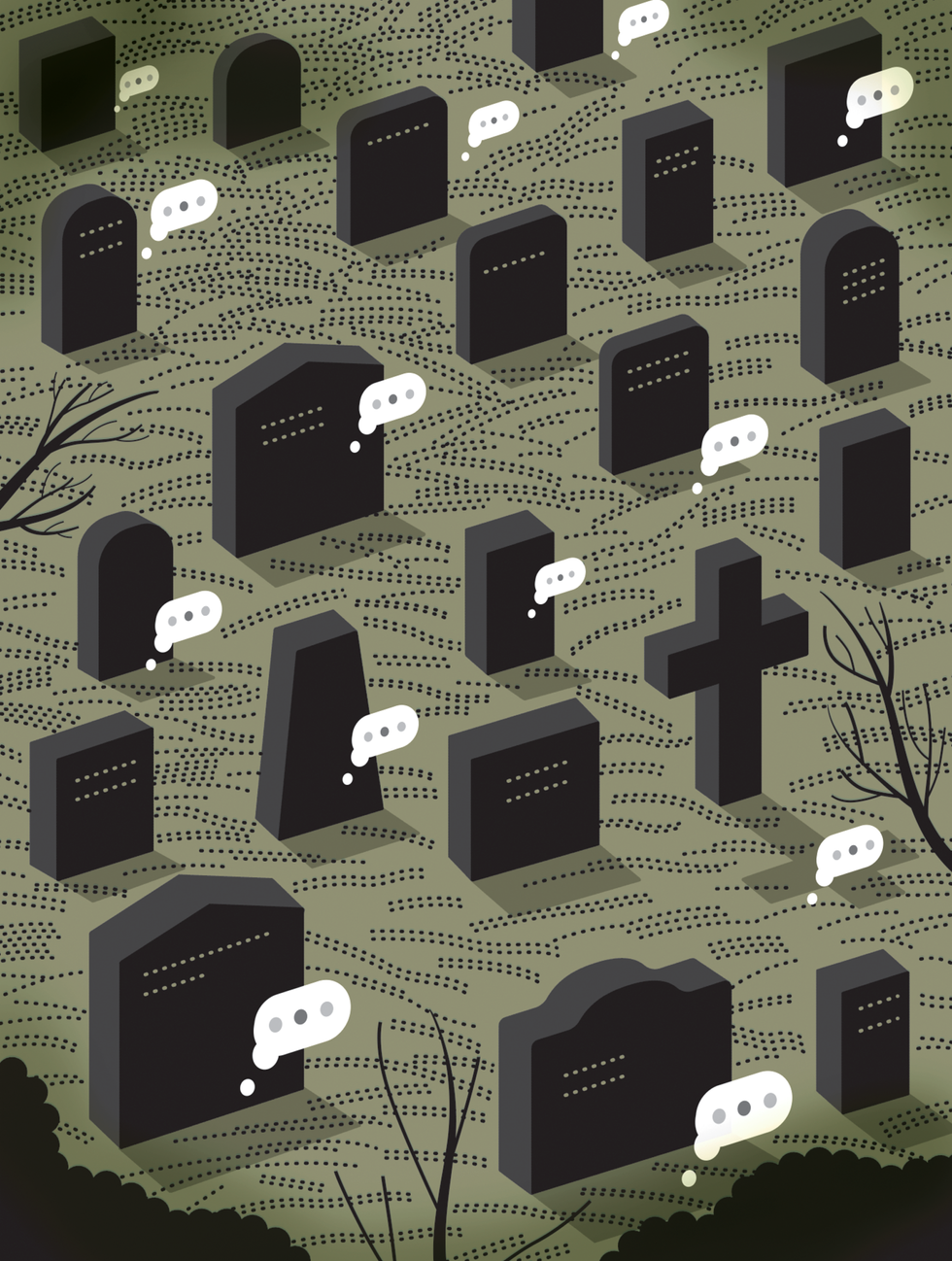 An illustration of tombstones with pending chat bubbles on some of them.
