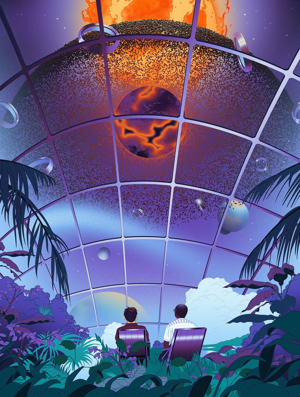 An illustration of two men sitting on chairs looking out a window at space.