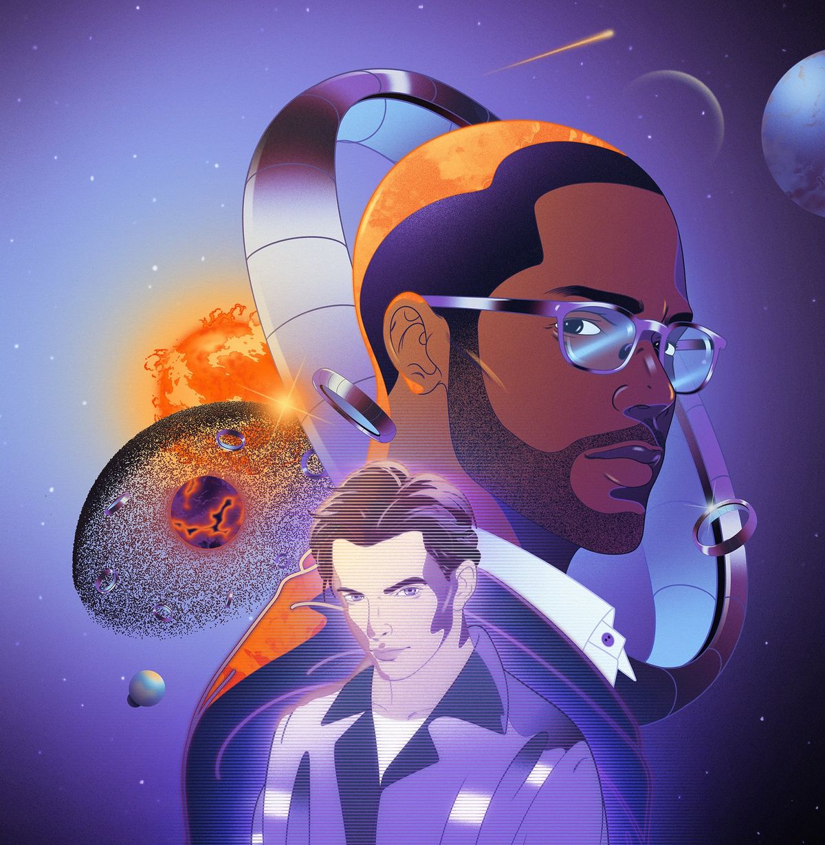 An illustration of two people against a background consisting of the Sun, a hemisphere of tiny objects surrounding a dully-glowing sphere, and a number of toroidal space habitats 