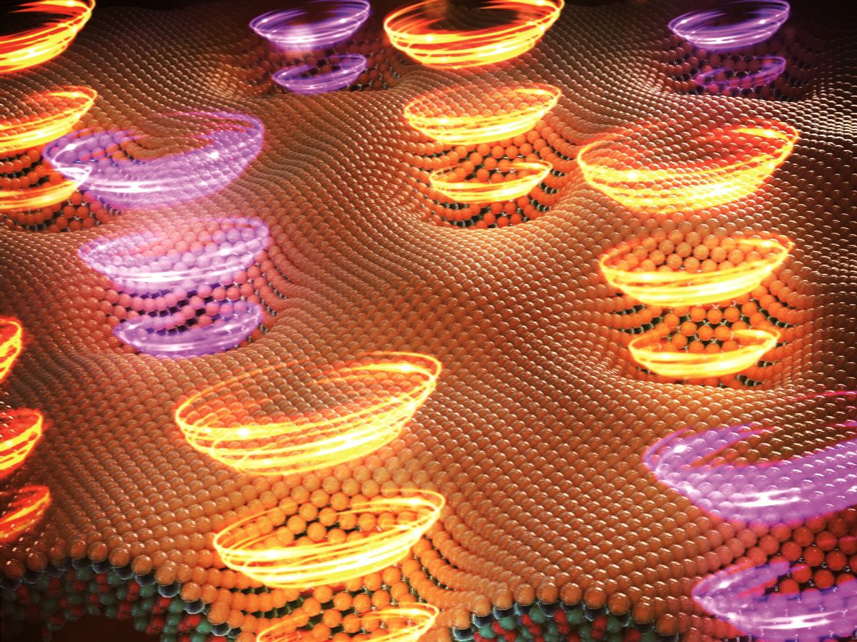 An illustration showing glowing yellow and purple bowl shapes, 3 each vertically, coming out of a mesh of orange circular material.