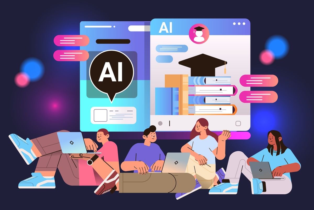 An illustration showing young people sitting with computers. Behind and over them are icons representing AI and education topics.