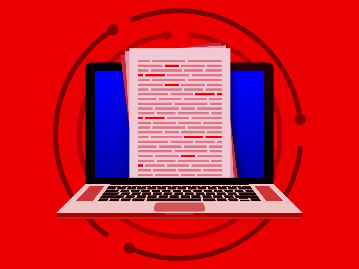 An illustration shows a computer with a paper tinged red on a red background with some circular lines behind it.