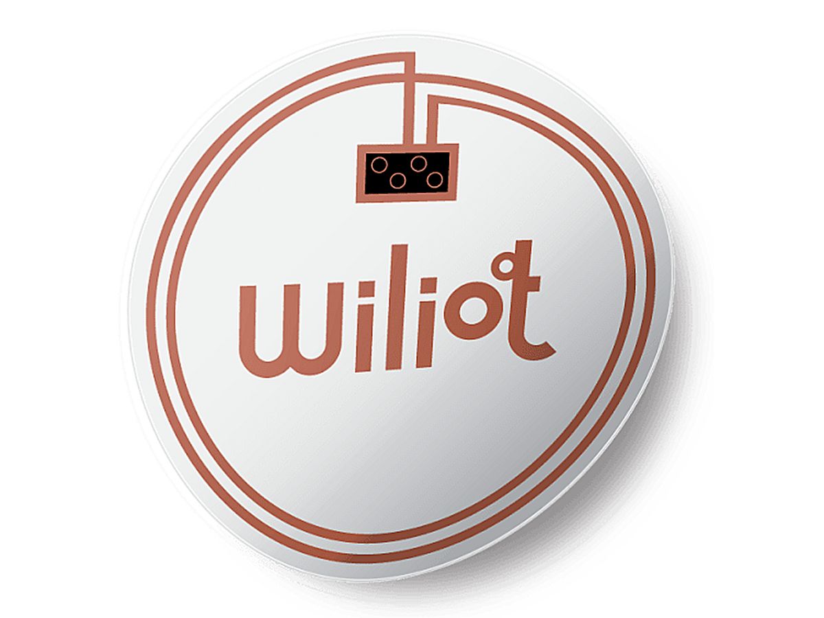 An illustration shows a mockup of Wiliot's no-battery bluetooth beacon, which looks like a flexible red and white button with Wiliot's logo. 